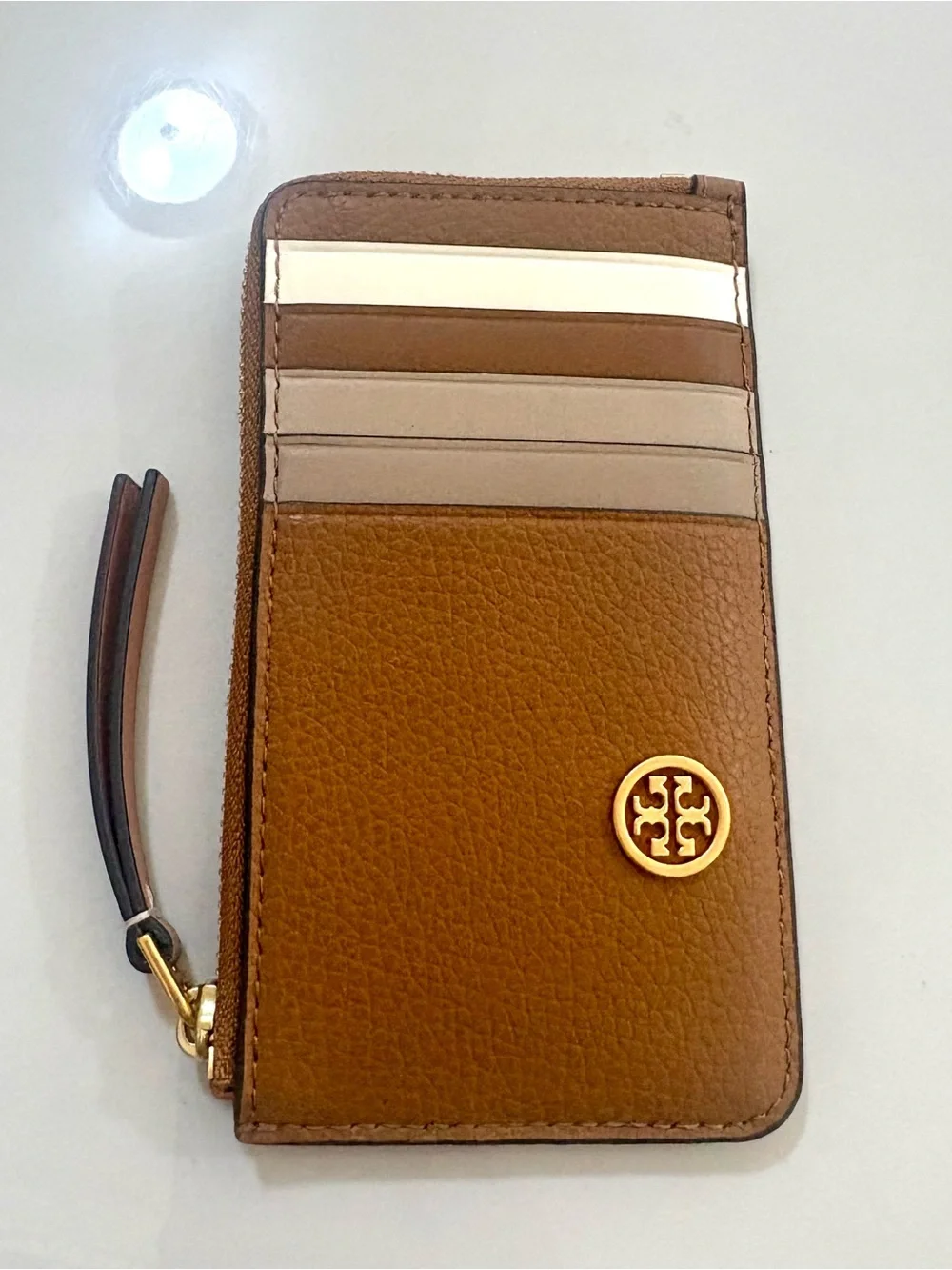 Tory Burch Brown Leather Zip Card Card Wallet with Gold Logo New without tag